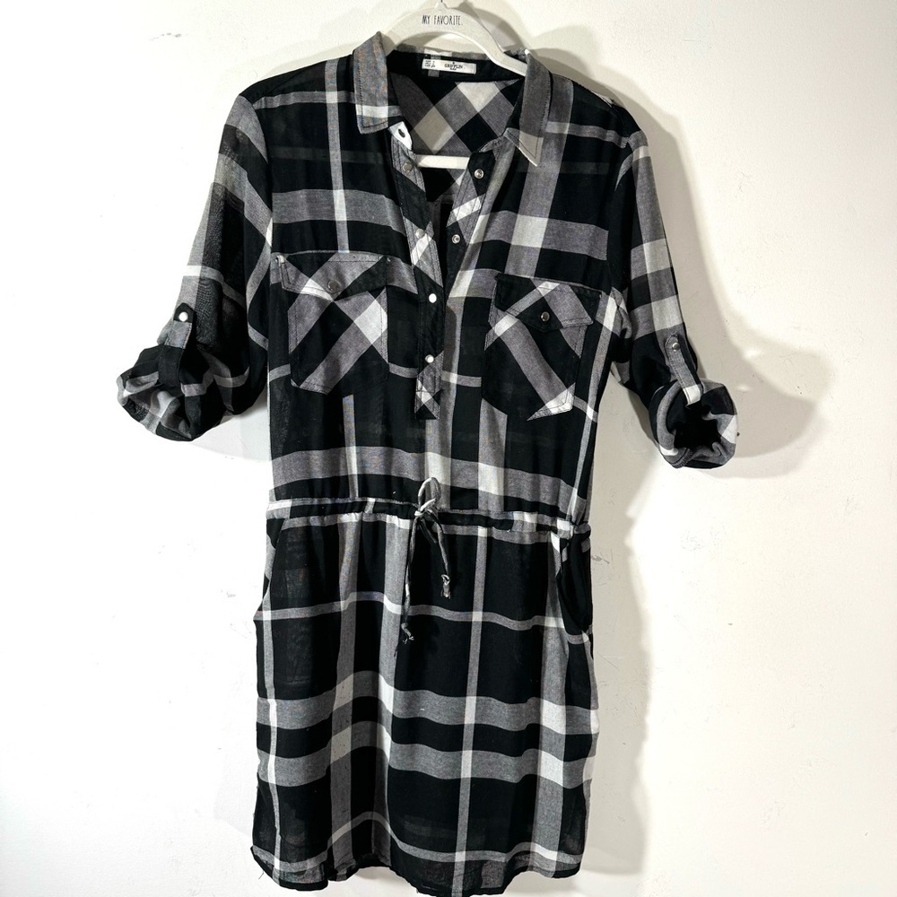 Grifflin Paris Shirt Dress Black Plaid Linen Blend